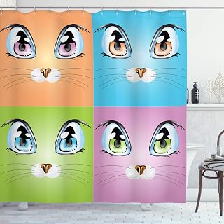 Ambesonne Cartoon Shower Curtain, Colorful Big Cat Images with Whiskers Loyal Life Companions Art, Cloth Fabric Bathroom Decor Set with Hooks, 69" W x 70" L, Orange Purple Green