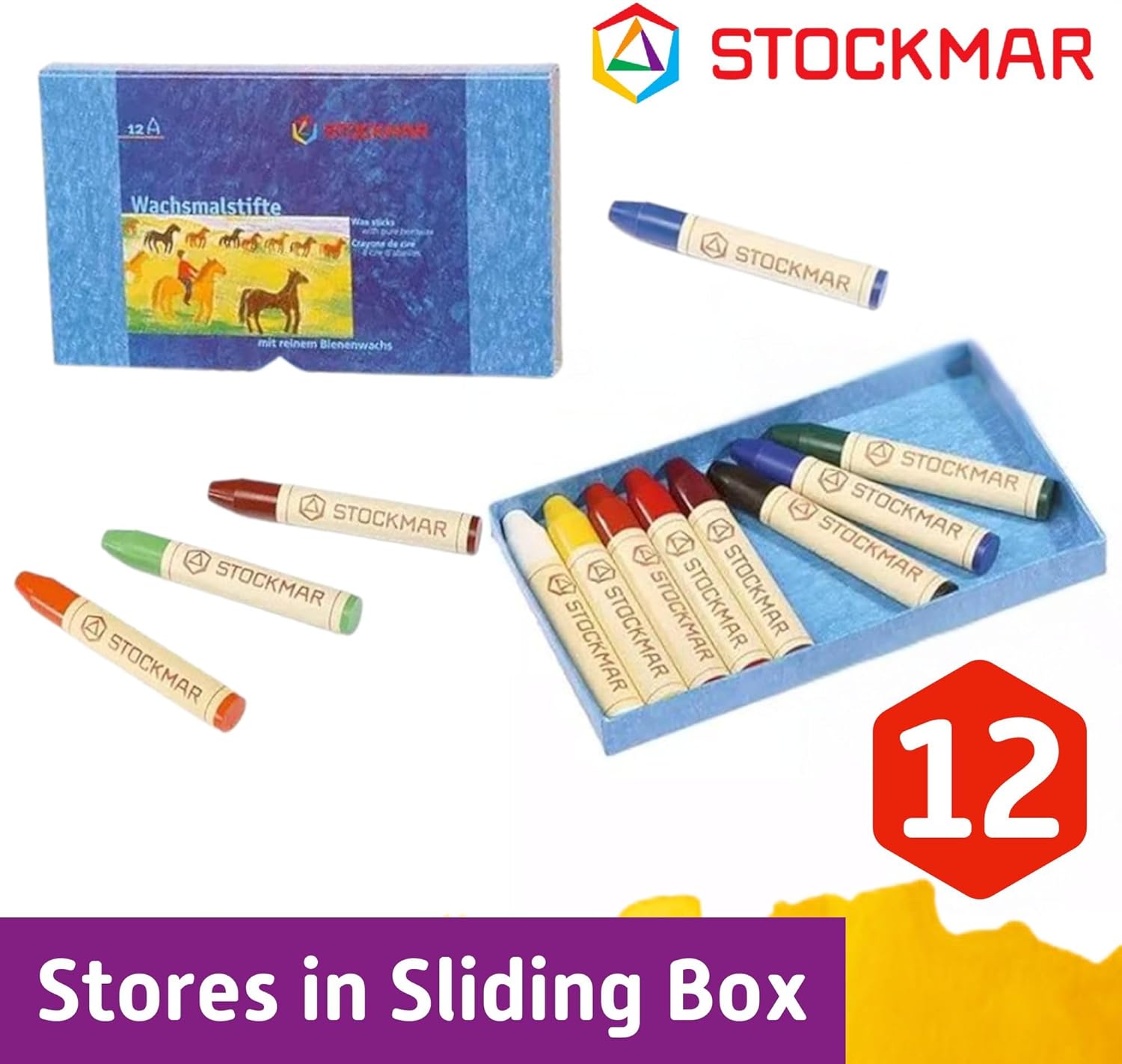 STOCKMAR Beeswax Stick Crayons, Set of 12 Assorted Colors in a Sturdy Storage Box – Break-Resistant Wax Art Crayons with Natural Beeswax, Rich Pigments & Smooth Color Application, Made in Germany