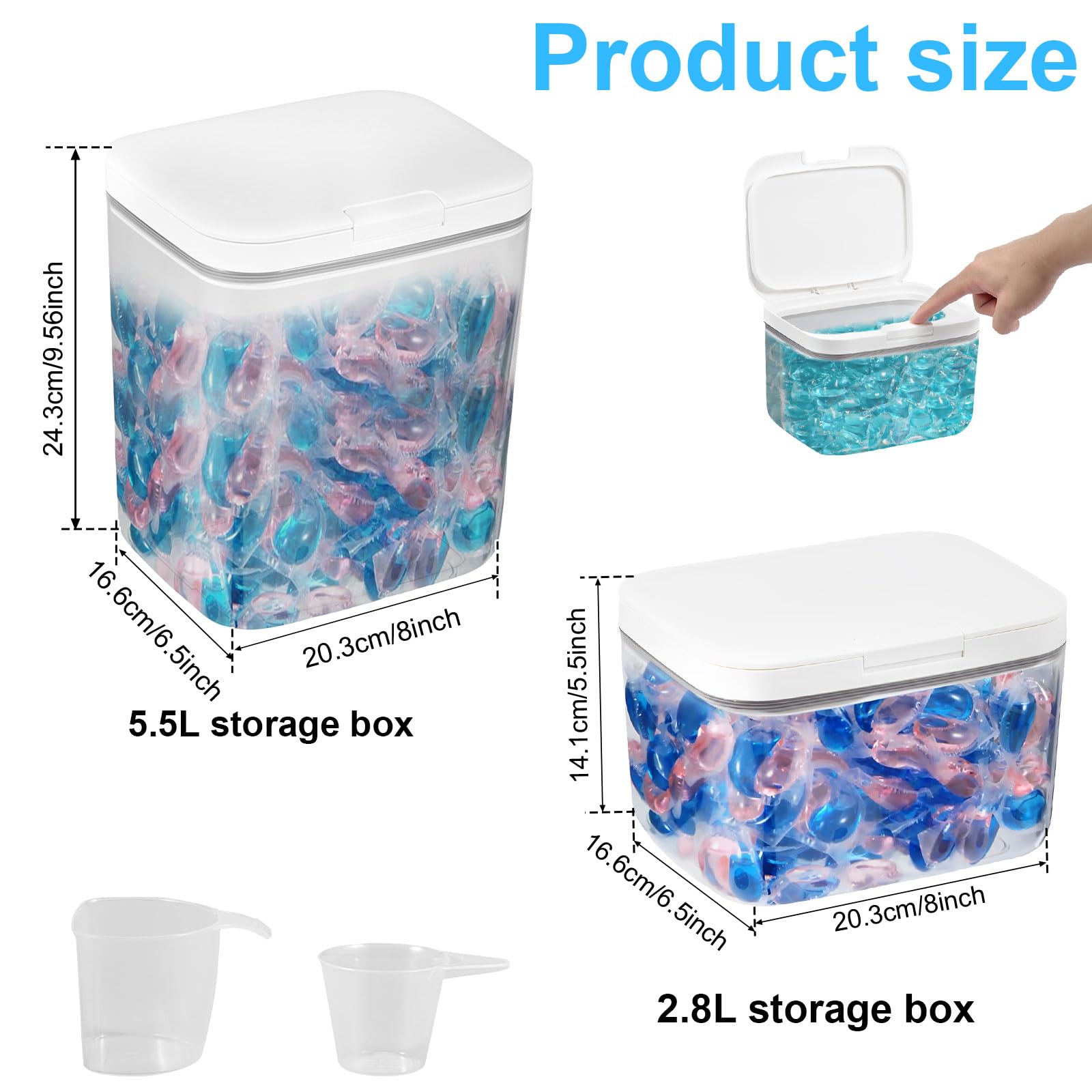 Tcwhniev Plastic Automatic Pop up Laundry Pod Storage Container for Laundry Room Organization, 2.8L+5.5L Large Capacity, Clear Washing Powder Storage Box With Airtight Lid for Kitchen Bathroom