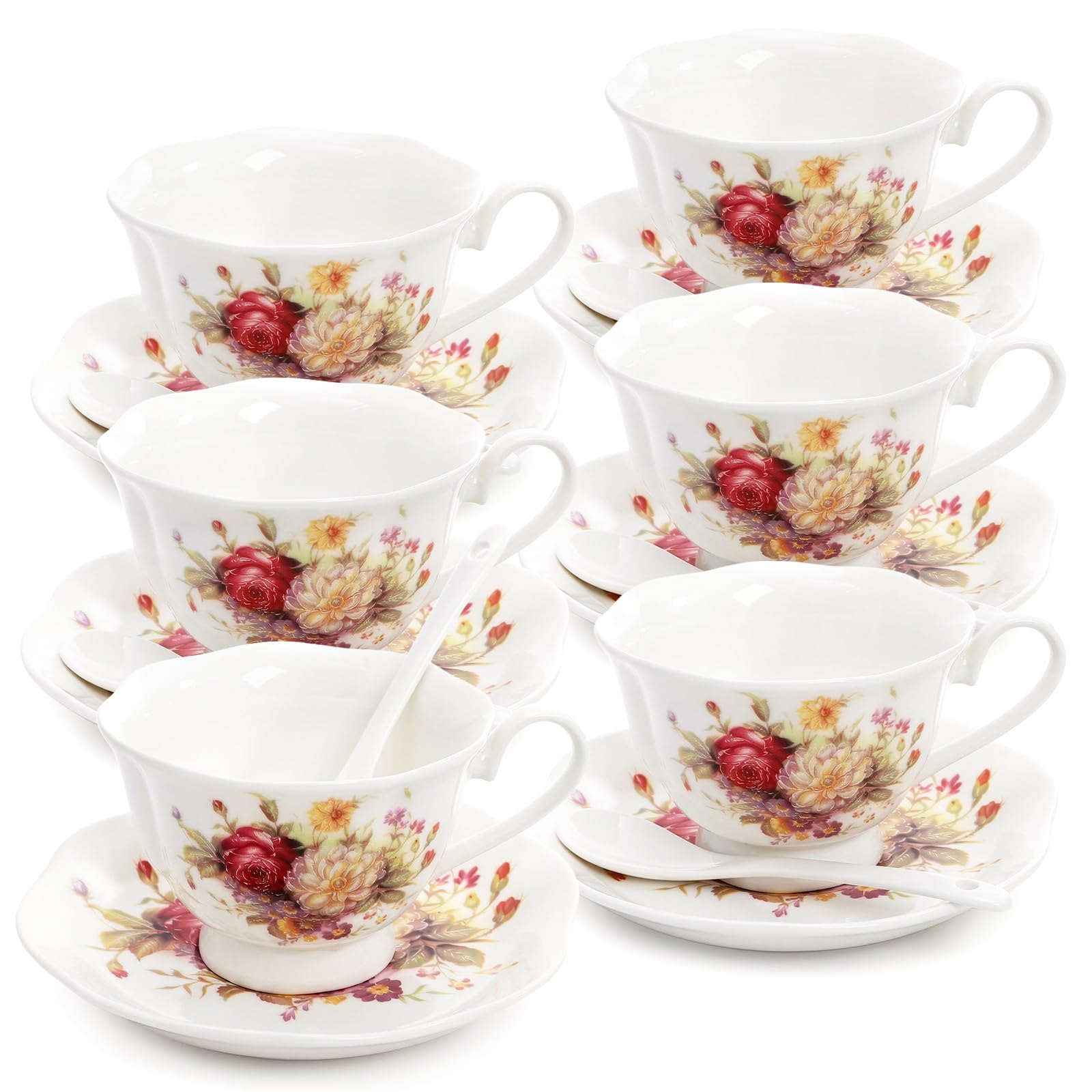 Foraineam Lot de 6 tasses à thé et soucoupes à motif floral avec bordure dorée, tasses à café en porcelaine ivoire de 177 ml avec soucoupes et cuillères, tasses à latte et tasses à expresso pour
