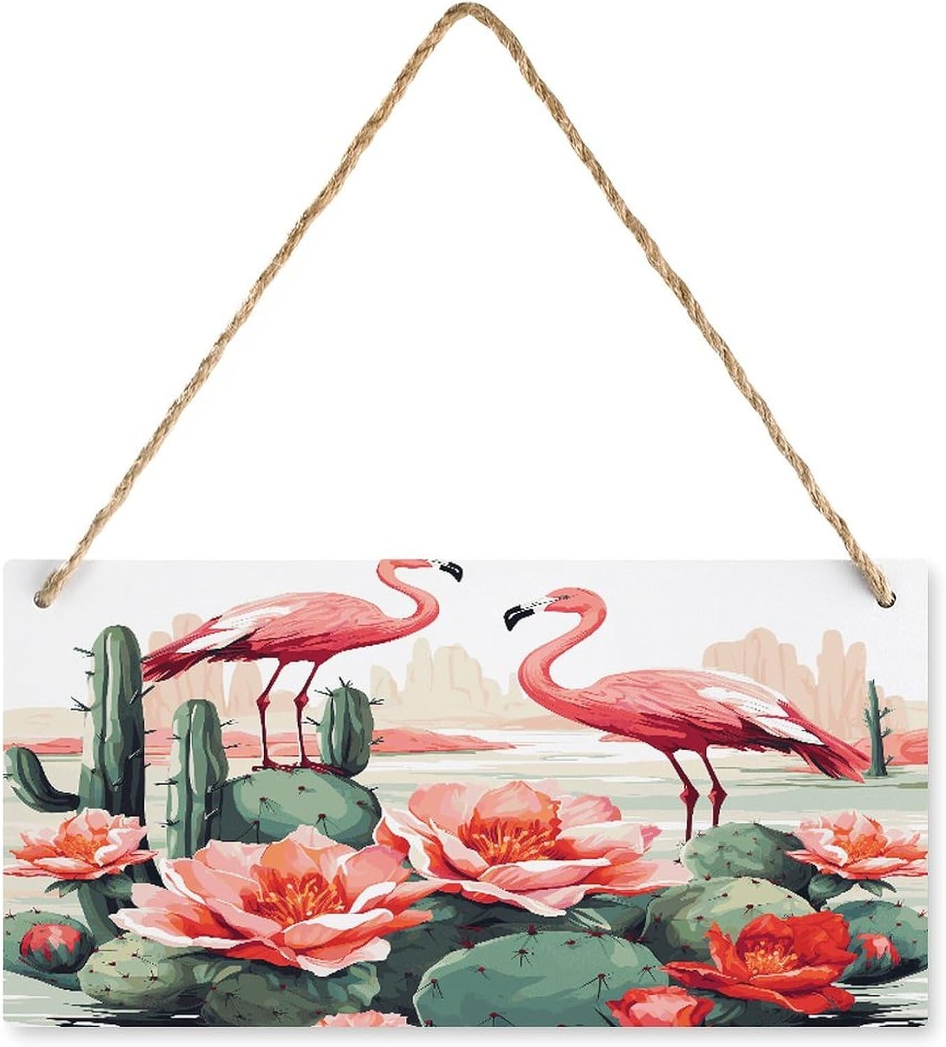 Cactus Flamingo Rose Flowers Hanging Wood Sign Wooden Slices Banners with Ropes Personalized Rectangle Decorative Wooden Plaque Sign Wall Art for Garden Yard Home Farmhouse 9.8"x4.9"