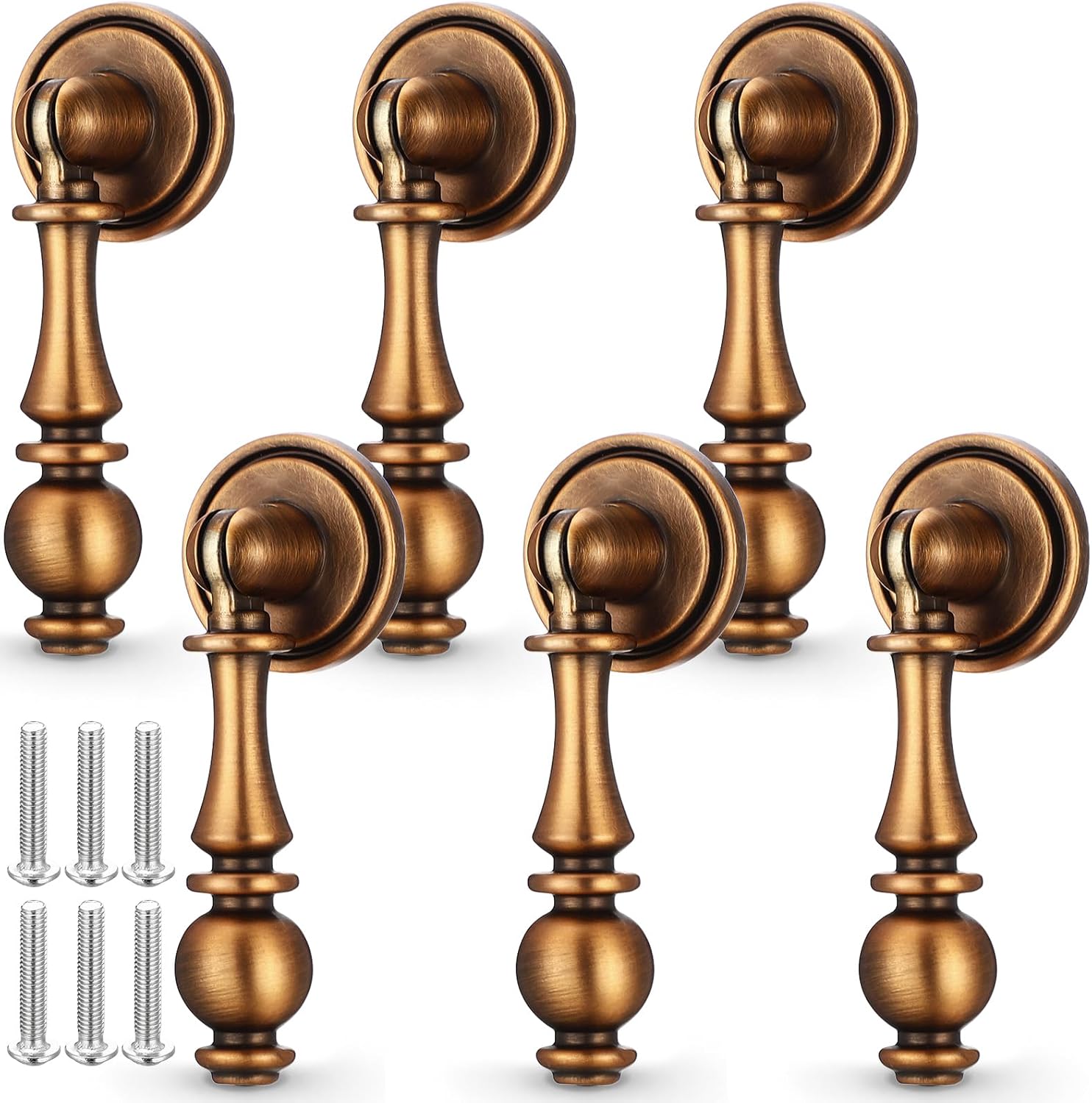 Roowest 6 Pack Antique Brass Drop Cabinet Pulls 2.5 Inch Solid Brass Cabinet Knobs for Dresser and Drawers, Decorative Vintage Cupboard Knob Durable Pendant Knobs for Kitchen Cabinets Wardrobe