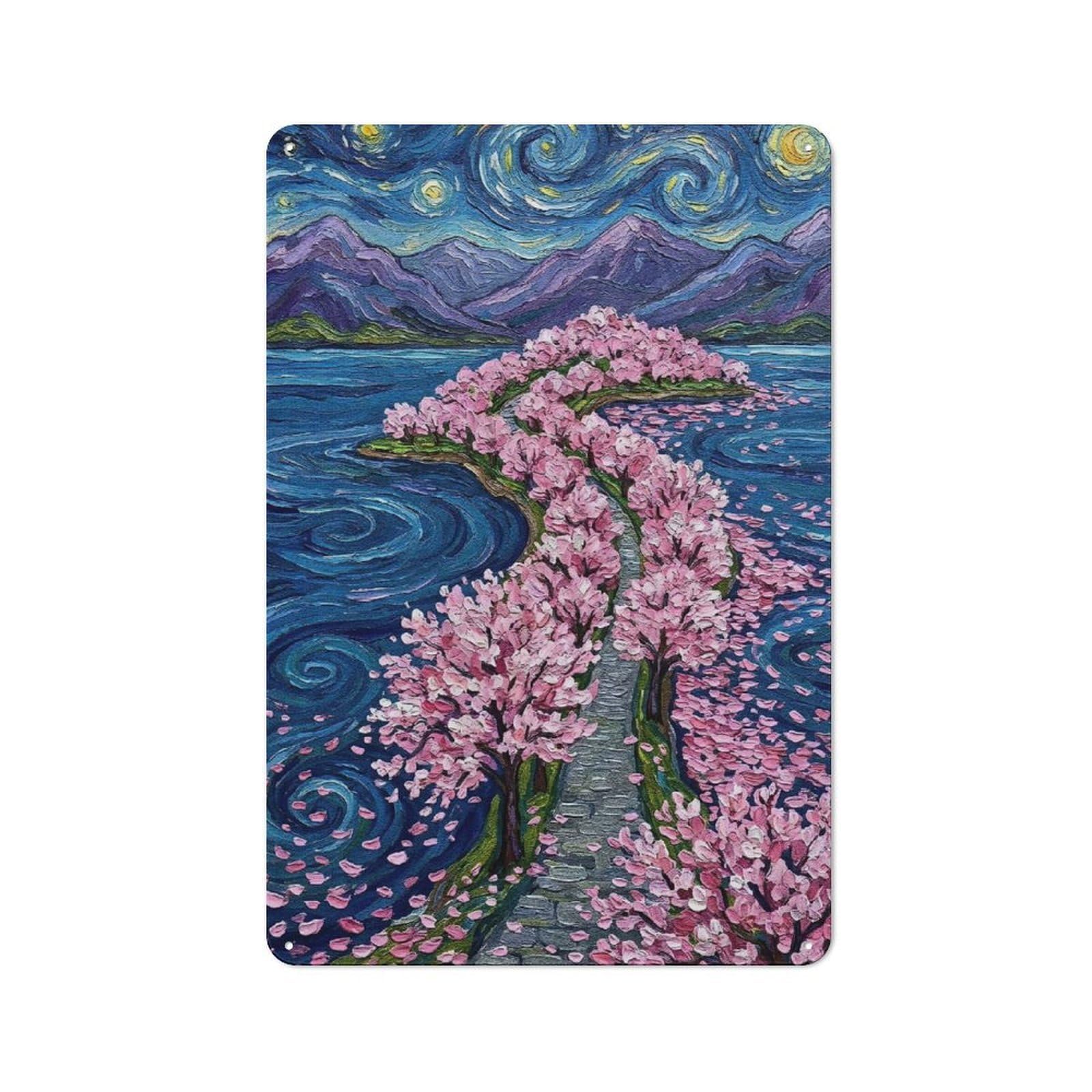 Junmoney Style-12 Cherry Blossom Path Under Starry Night Retro Tin Wall Plaque 30X20cm For Hobby Room Or Studio, For Garage, Workshop And Man Cave Decoration