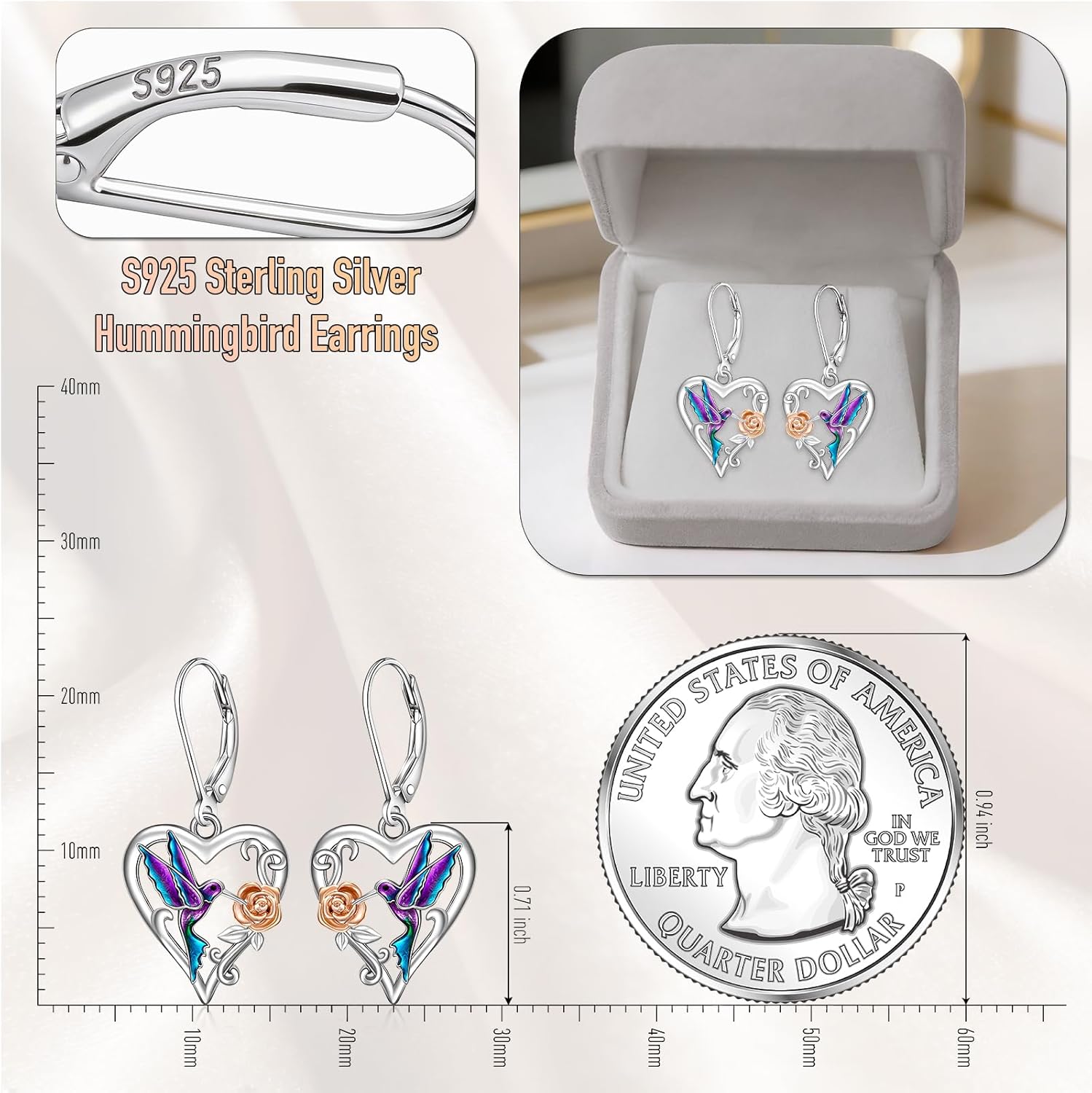 Hummingbird Earrings 925 Sterling Silver Purple Hummingbird Earrings for Women Dangle Cute Heart Bird Flower Jewelry Christmas Mothers Day Gift