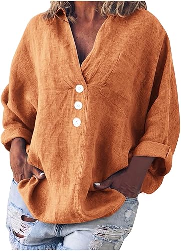 Miniatura 1 de Camisetas de lino de algodón para mujer, estilo casual, de manga larga, cuello en V, bolsillos, botones, color liso, holgadas, cómodas