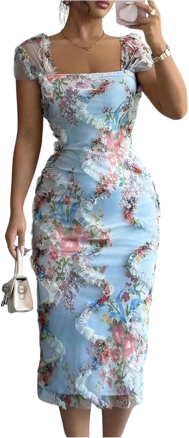 SHENHE Women's Floral Garden Party Dress Ruffle Trim Square Neck Cap Sleeve Mesh Bodycon Midi Dresses