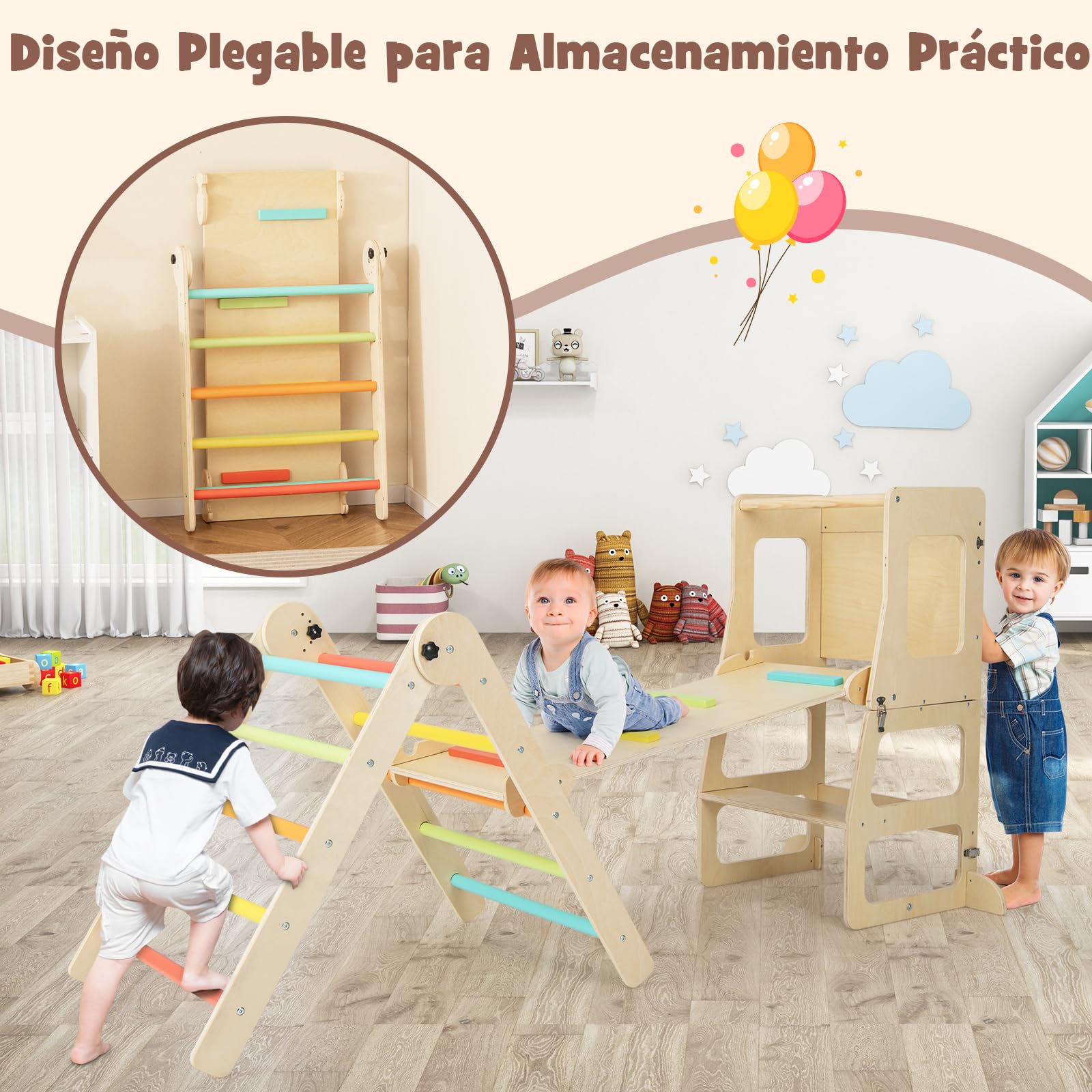 COSTWAY 7 en 1 Triángulo de Escalada de Madera para Niños con Rampa Reversible, Torre de Aprendizaje Plegable Montessori, Mesa y Silla Infantil, Pizarra Divertida, para Niños de 3-14 Años (Multicolor)
