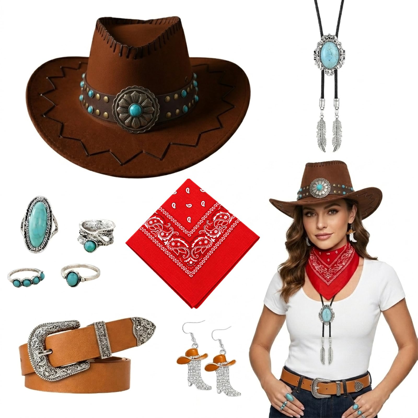 KhgFov Cowboy Hat Women, Cowgirl Outfits for Women, 9 Pcs Cowboy Outfit, Cowgirl Accessories for Women, Western Cowgirl Costume Set, for Western Fashion Enthusiasts and Role-Playing Participants