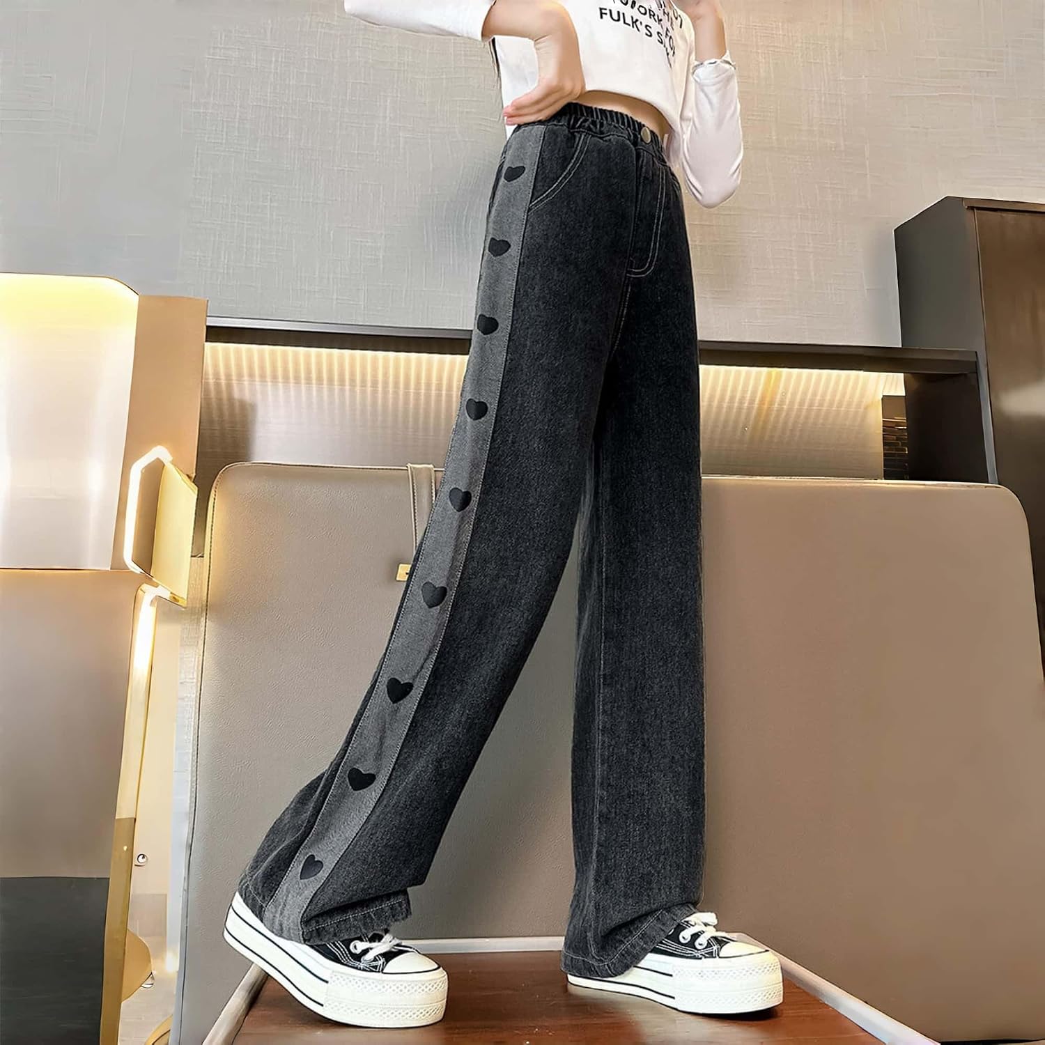 Girl's Baggy Jeans Elastic Waist Wide Leg Denim Pants,006,13-14Y