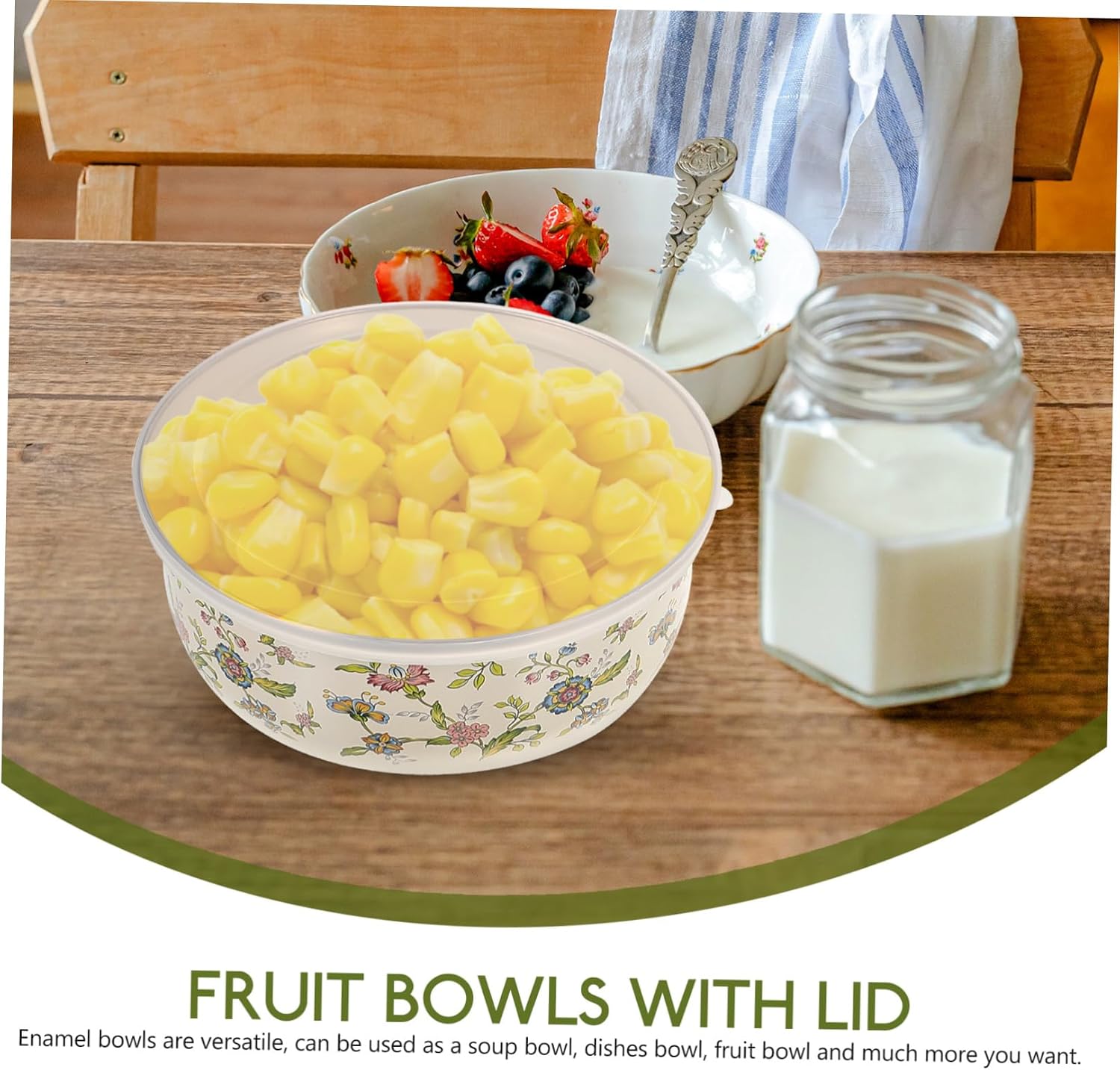 INOOMP 5Pcs Enamel Nesting Bowls with Lids Multi Sized Storage and Mixing Bowls for Salad Fruits and Everyday Kitchen Use Stable Thick Bottoms for Easy Handling