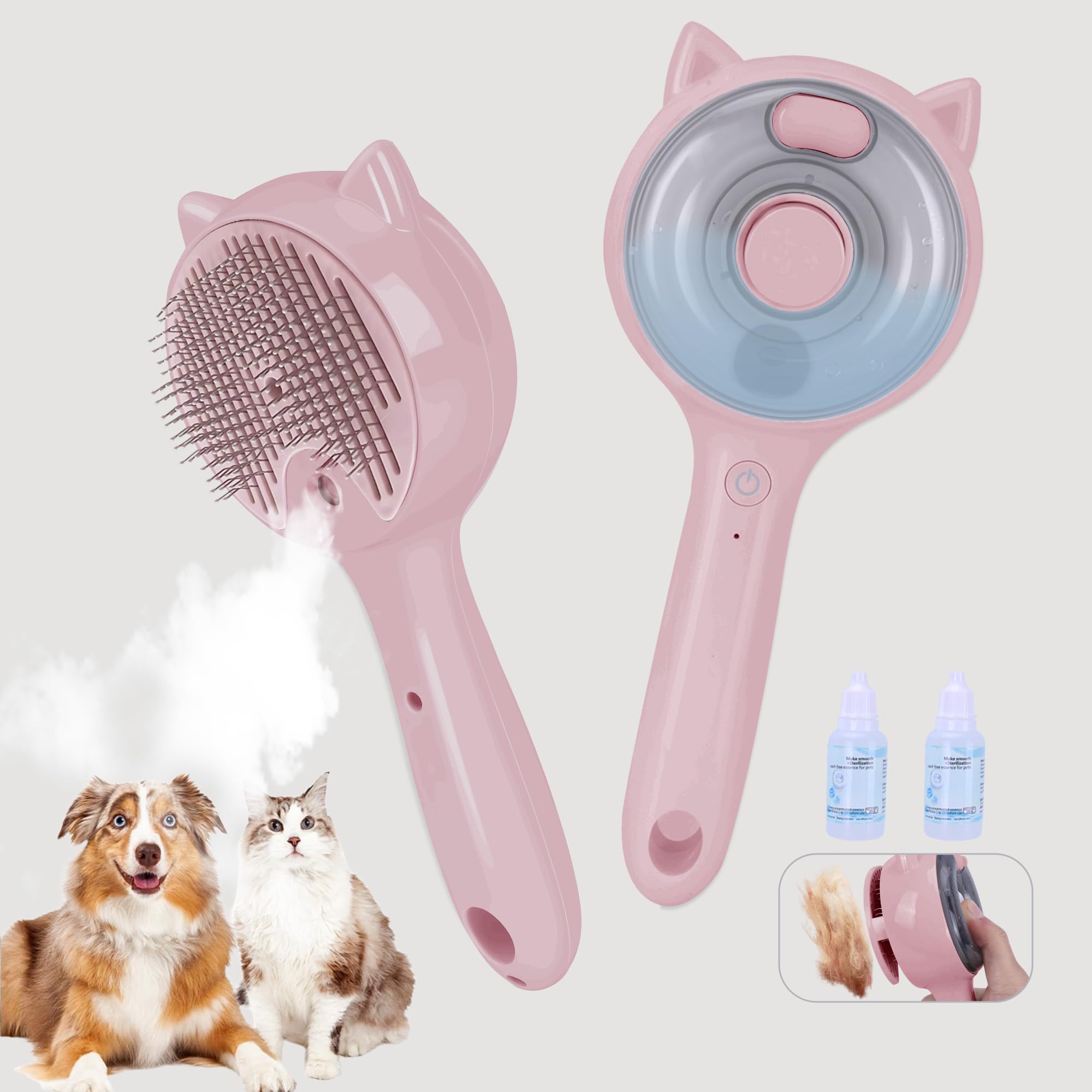 Haustier-Dampfbürste für Katzen und Hunde, 3-in-1-Pflegekamm, reduziert Haarausfall, weiche Borsten, fördert gesundes Fell, inklusive wasserlosem Shampoo, Rosa