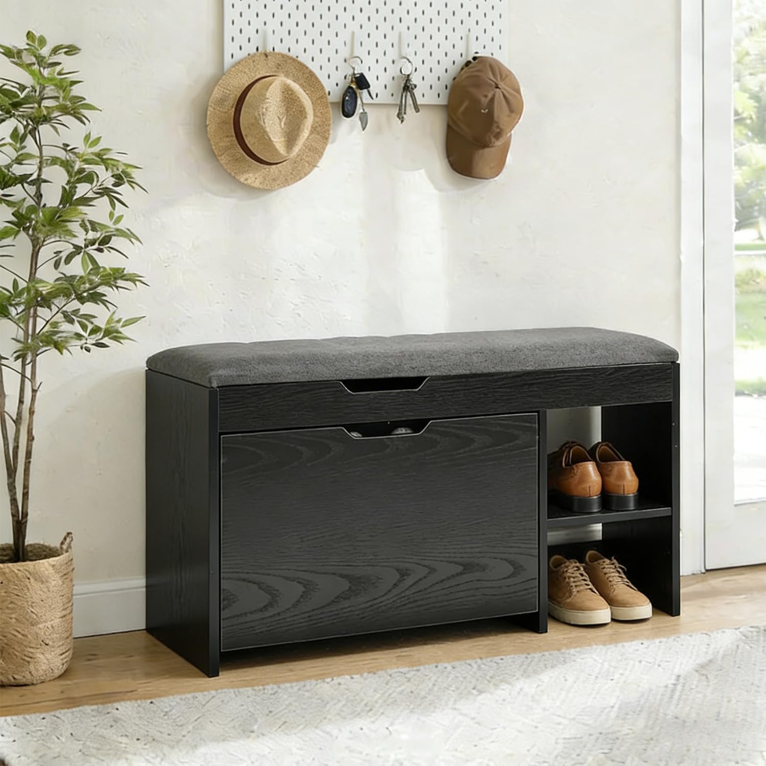 Shoe Storage Bench with Flip Drawer, Shoe Rack with Lift Top Storages Box, 2-Tier Bench Cabinet with Adjustable Shelves for Entryway, Hallway, Living Room, Mudroom, Black
