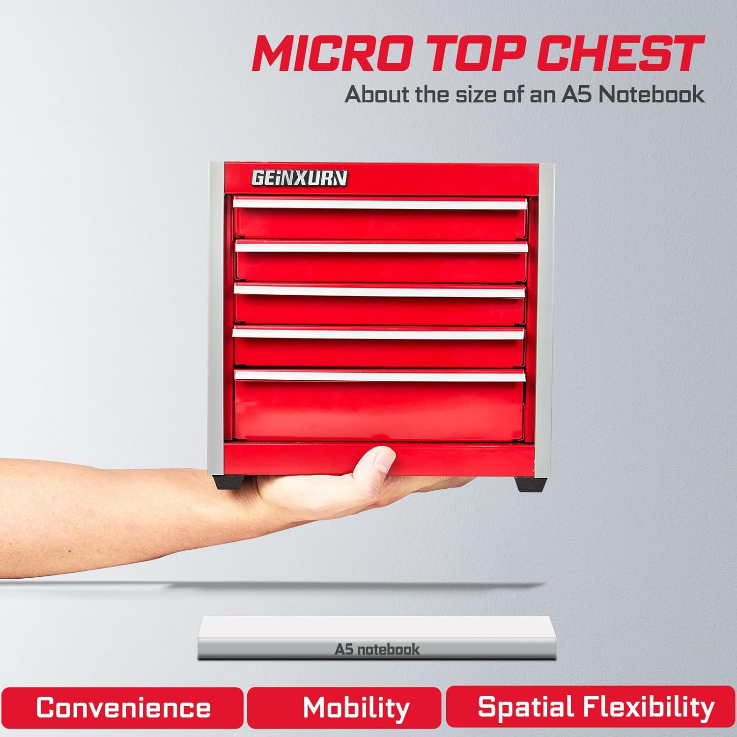 Mini Red Tool Box, 5 Drawer Micro Roll Cab Steel Stackable Portable Tool Cases with Magnetic Tab Locking and Liner for Tools Storage and Organizers