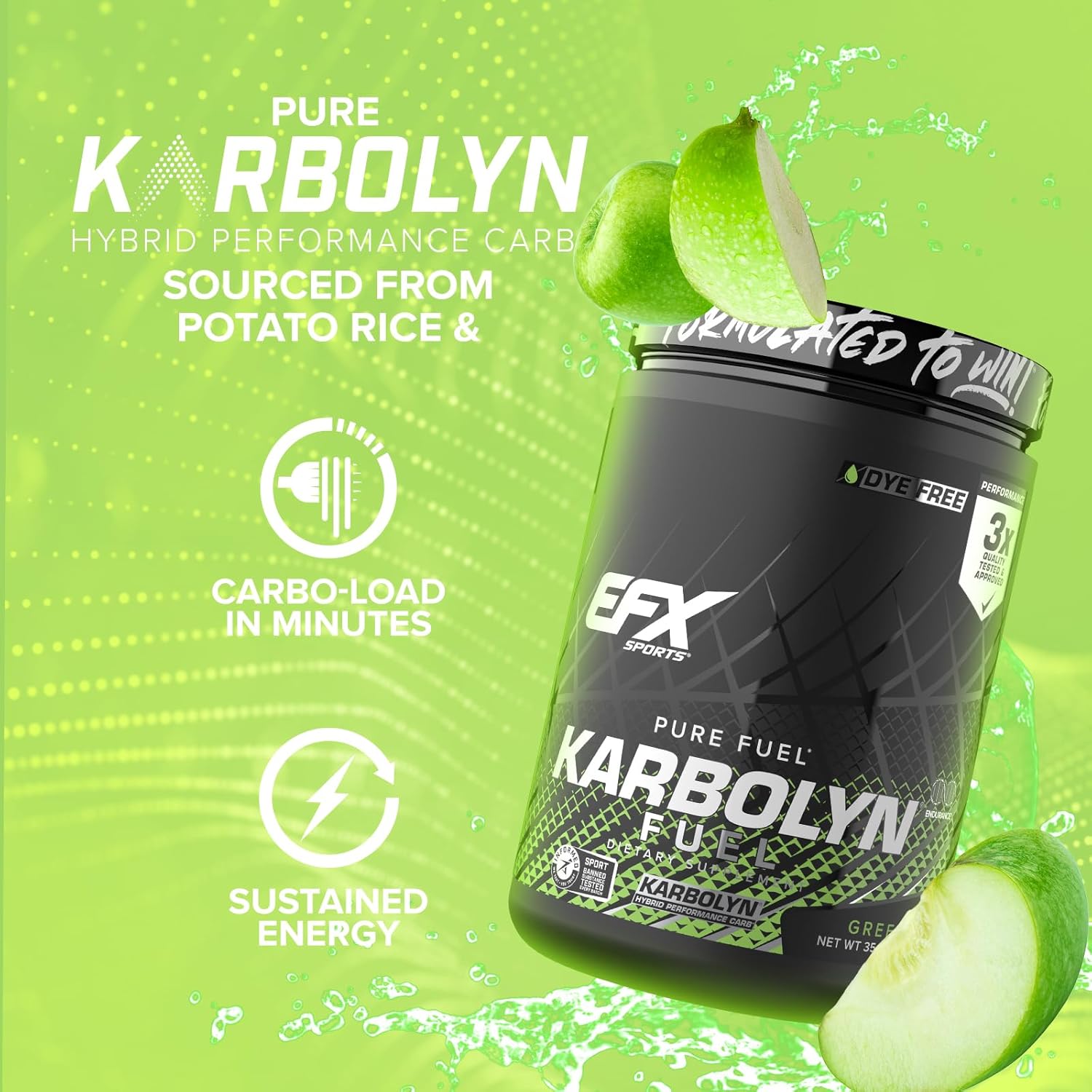 EFX Sports Karbolyn Fuel | Fast-Absorbing Carbohydrate Powder | Carb Load, Sustained Energy, Quick Recovery | Stimulant Free | 18 Servings (Green Apple)
