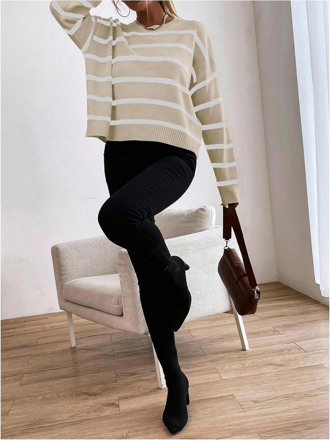 GORGLITTER Women's Striped Drop Shoulder Sweater Oversized Crew Neck Knit Sweaters Pullover Top