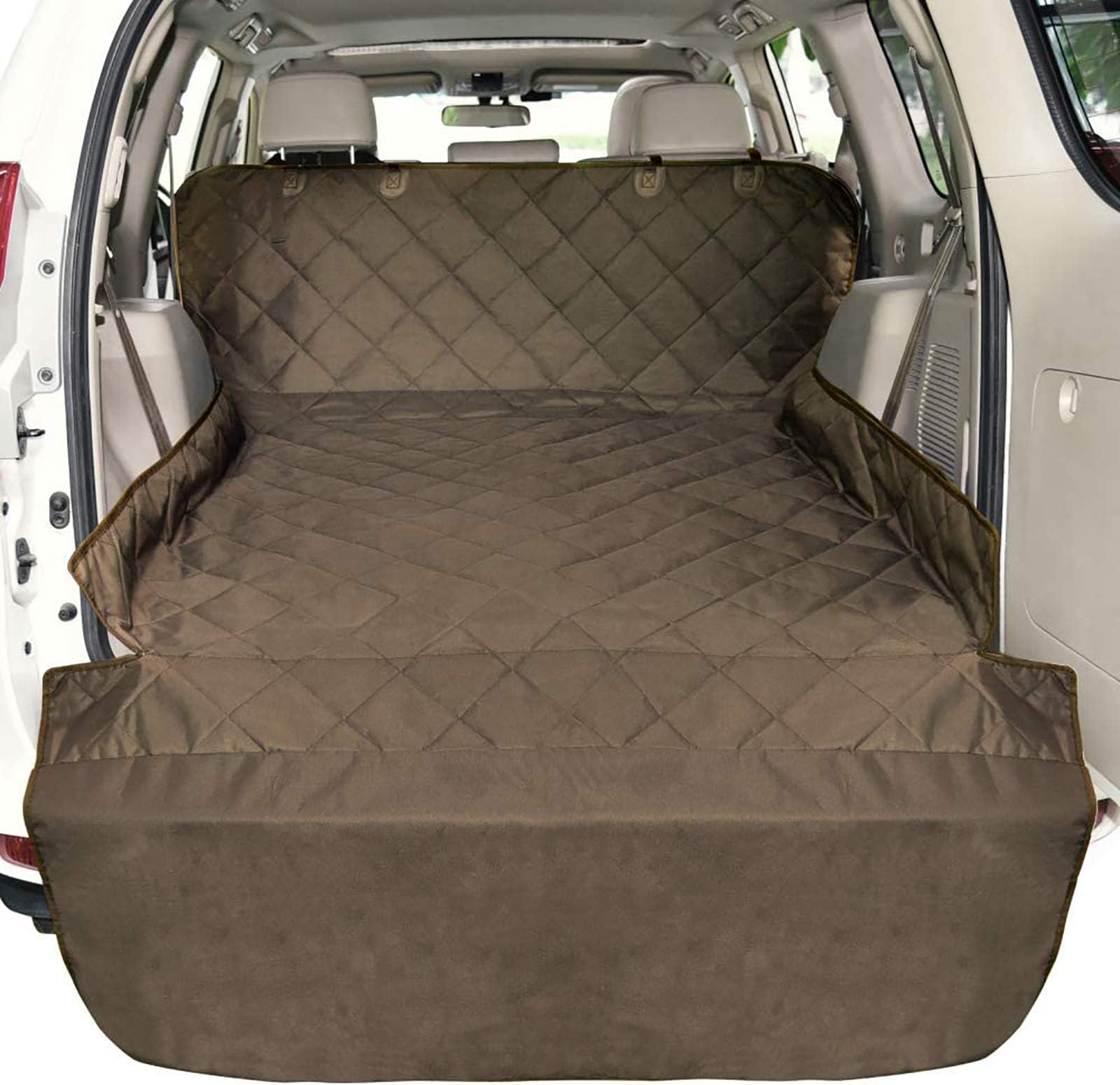 F-color SUV Cargo Liner for Dogs, Waterproof Pet Cargo Cover Dog Seat Cover Mat for SUVs Sedans Vans with Bumper Flap Protector, Non-Slip, Large Size Universal Fit, Brown