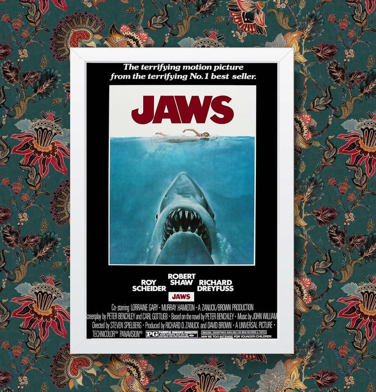 Jaws 1975 Vintage - Retro Horror Shark Movie Poster Wall Art Print (A4 Framed - White Frame)