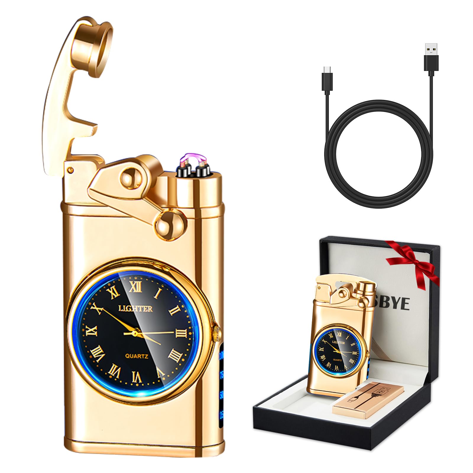 RSBYE Electric Lighter USB Rechargeable Lighters, Windproof Dual Arc Plasma Lighter, Flameless Electronic Cool Lighters with LED Battery Indication for Men (Gold Clock)