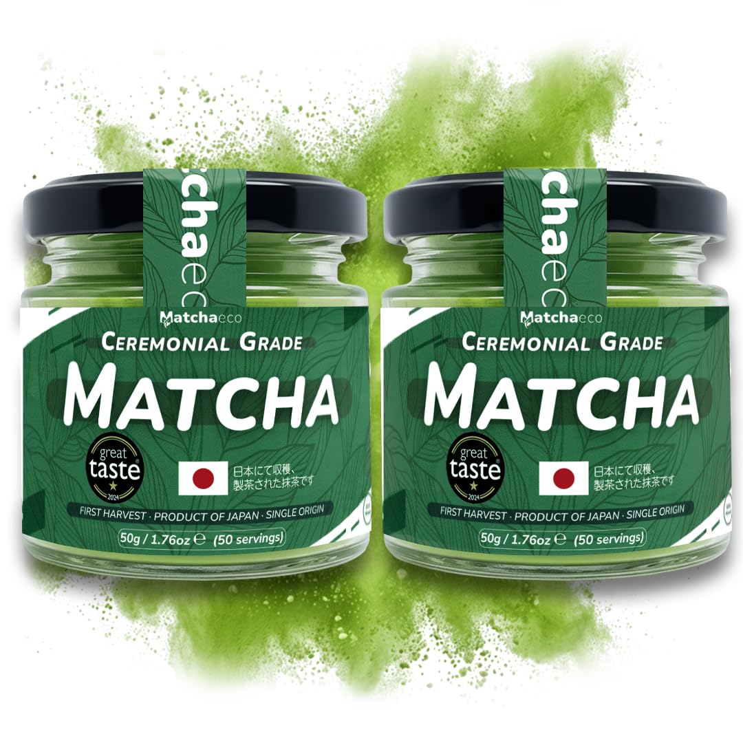 Matchaeco 2 x 50g [100g] Japanese Matcha Green Tea Powder |Authentic Stone Ground Ceremonial Grade From Japan | Pesticide-Free | Recyclable Jar | Vegan Baking Gift Ideas | (100g, Matcha)