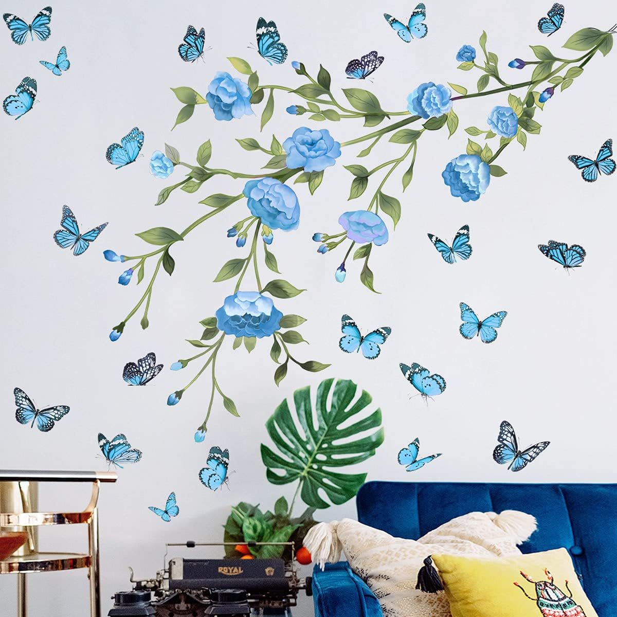 Wajade Garden Flowers Wall Decals Watercolor Colorful Floral and Butterflies Wall Stickers Removable Self-Adhesive Wall Mural Wall Art for Living Room Bedroom Hallway