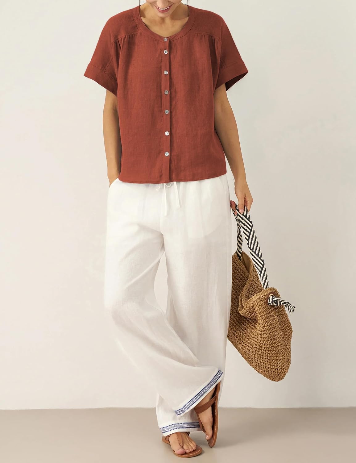 Women's Linen Button Down Shirts Pleated Crew Neck Short Sleeves Blouse Lightweight Loose Fit Casual Tops