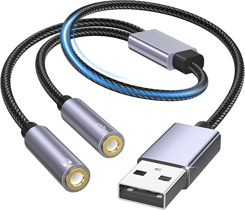 Externe USB Soundkarte Adapter,USB auf 2 x 3.5mm Buchse Aux Audio Konverter Kabe