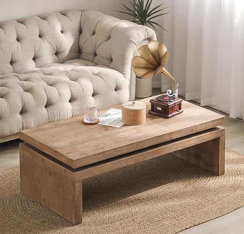Miniatura 77 de SSLine Mesa de centro rectangular de madera antigua de 45.2 pulgadas para sala de estar, mesas auxiliares de almacenamiento de 2 niveles con patas