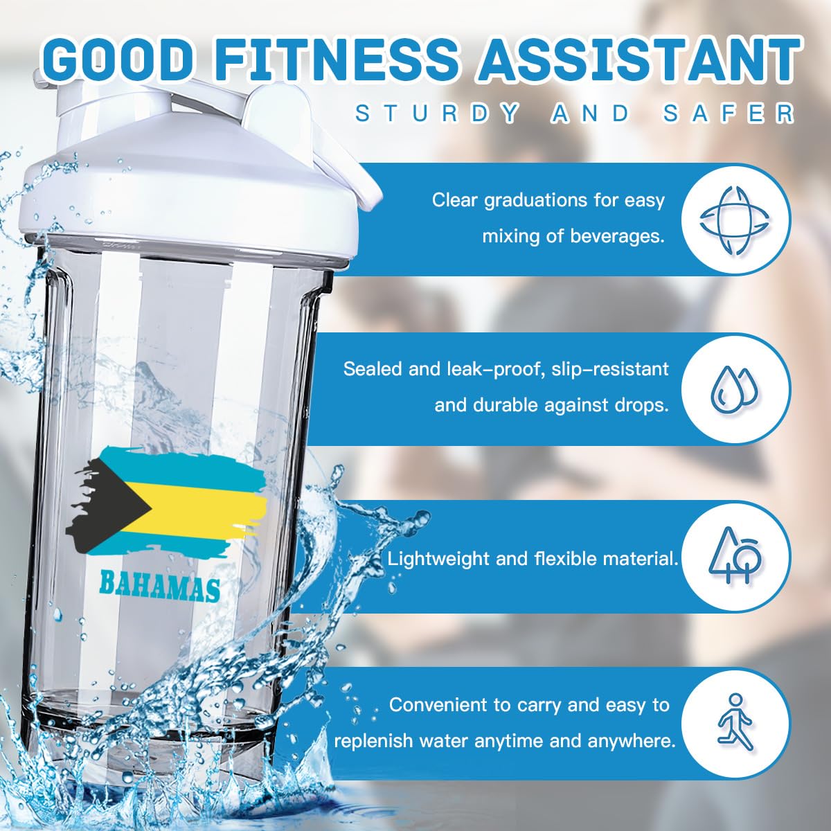 Bahamas Map Flag 18 Ounce Shaker Bottle Drink Mixer Leak-proof Pre Workout Protein Shakes Meal Replacement Shakes Bottles 500ML/18 Oz White