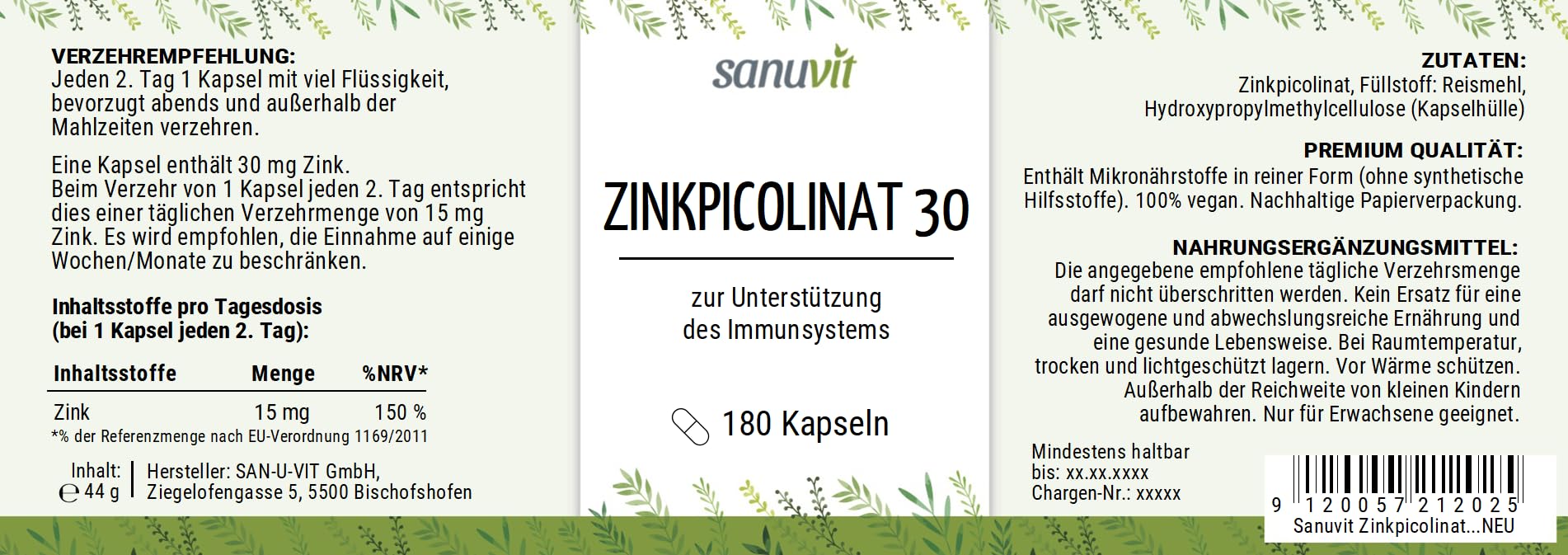 Sanuvit® - Zink 30 mg pro Kapsel | 180 Kapseln | Hochdosiert | Zink aus Zinkpicolinat | Hohe Bioverfügbarkeit und Verträglichkeit | Hergestellt in Österreich