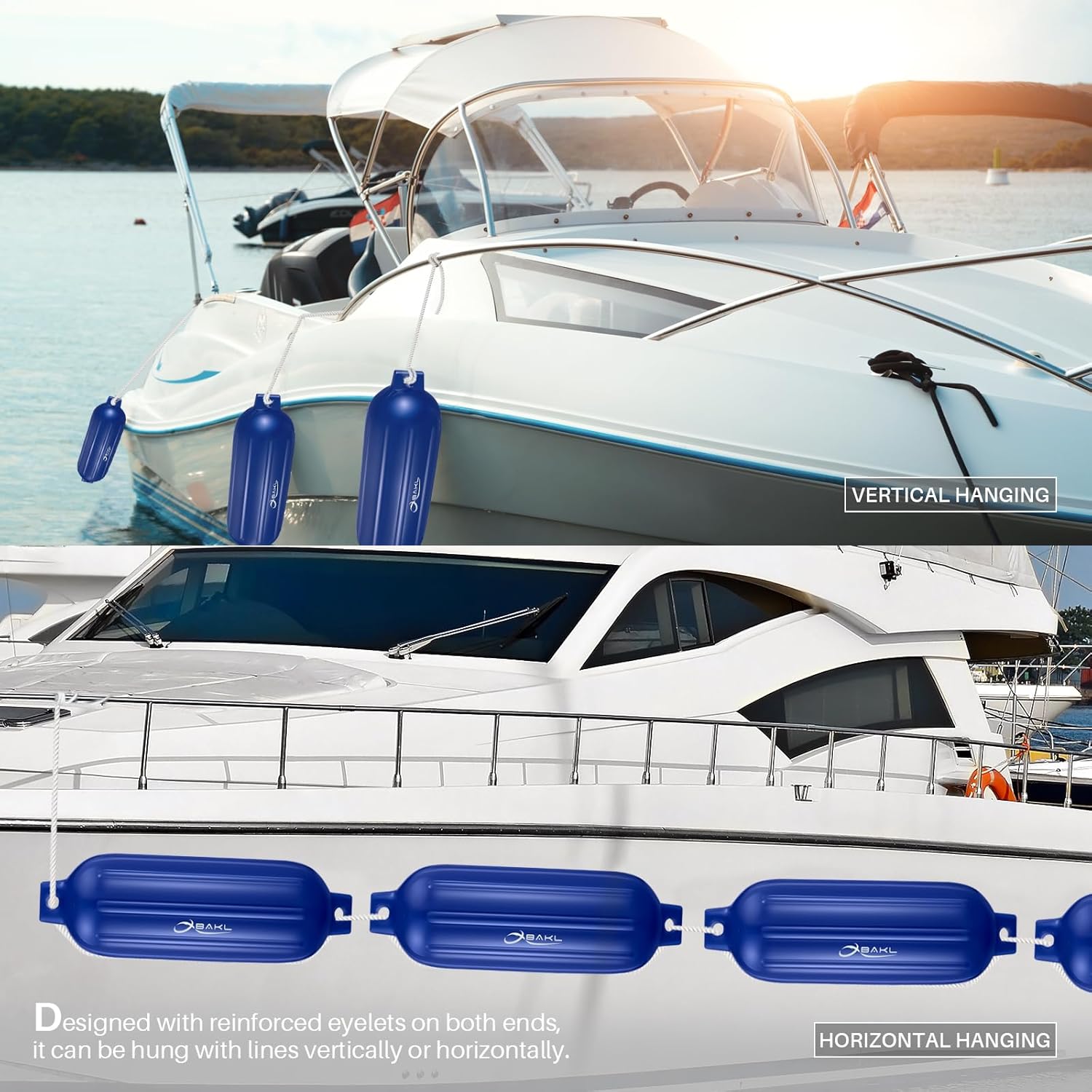 Boat Fenders 4 Pack 8.5 x 27 Inches Ribbed Twin Eyes Boat Fenders Bumpers for Docking, Comes with Ropes and Pump to Inflate