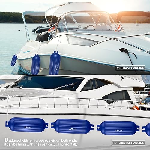 Miniatura 6 de Paquete de 4 defensas de barco de 8.5 x 27 pulgadas, acanaladas con ojos gemelos, parachoques para acoplamiento, viene con cuerdas y bomba para Azul