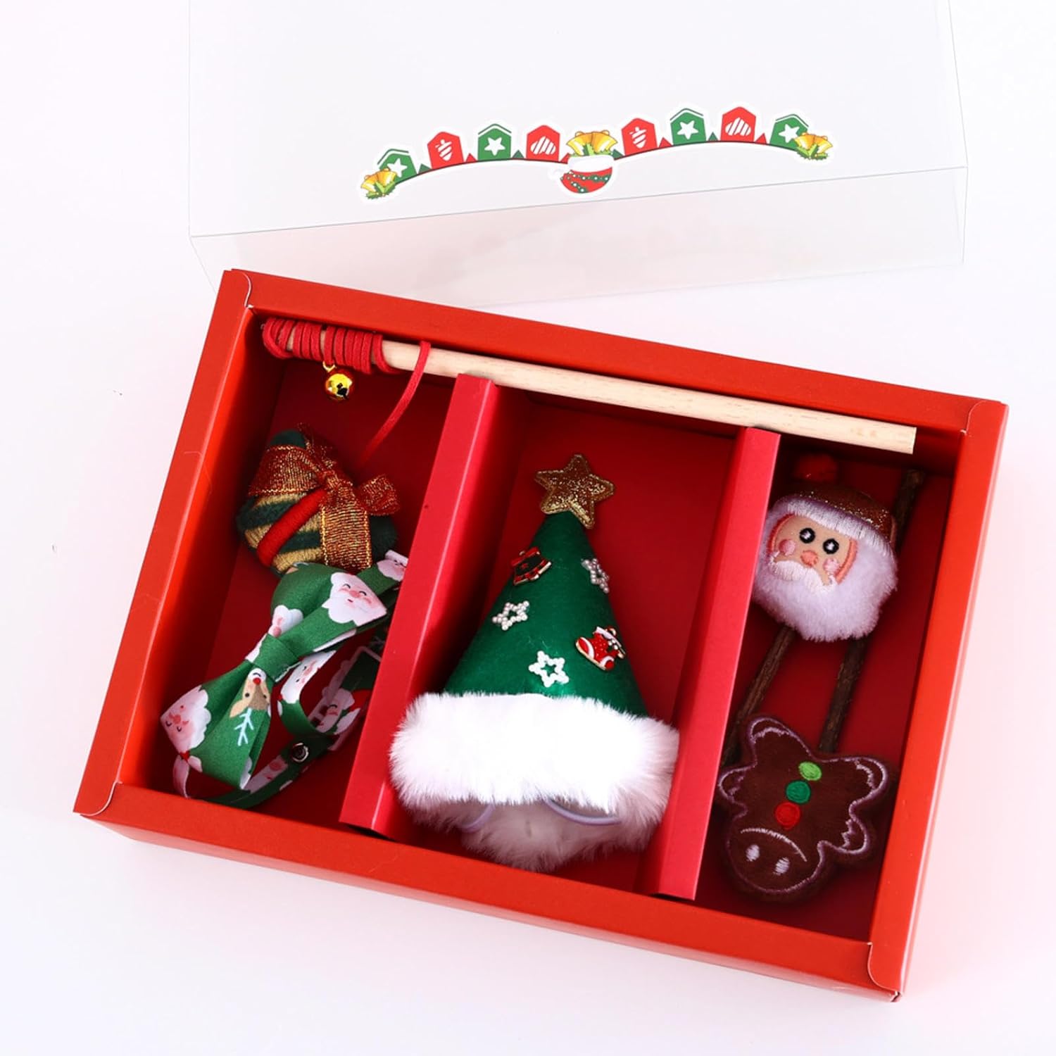 KAYNO Pet Cat Santa Claus Hat Bowtie Collar Feather Interactive Toy Set for Cat