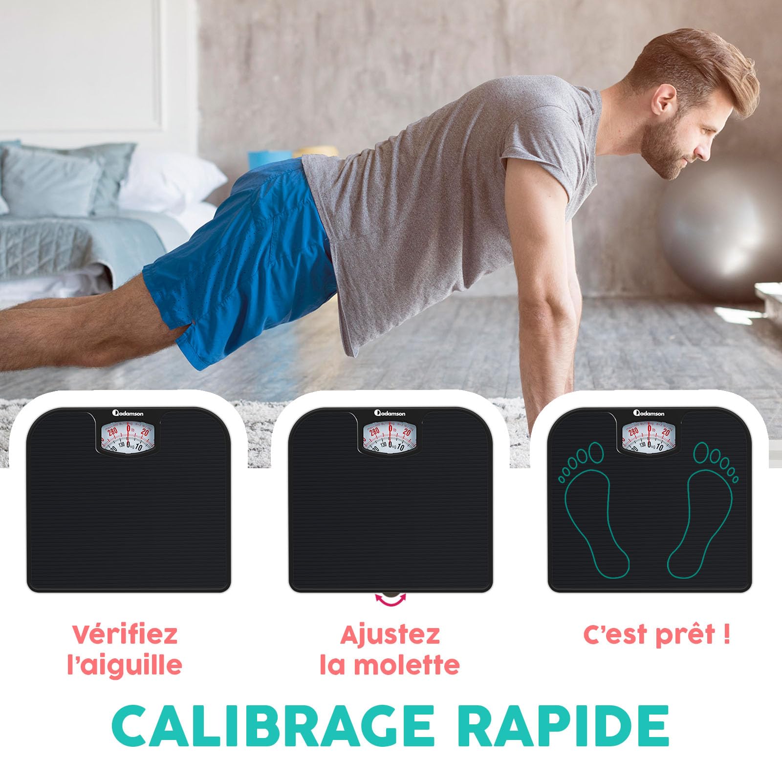 Adamson A21 Pese Personnes Mecanique Pour Poids Corporel- Jusqu’à 136 KG - Surface en Caoutchouc Antidérapant - Pese Personne Analogique - Durable 20 Ans de Protection - Noir Intégral