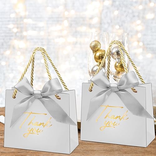 Miniatura 5 de Paquete de 24 pequeñas bolsas de regalo de agradecimiento con asas, mini bolsas de regalo para dulces, a granel con lazo dorado para baby shower,