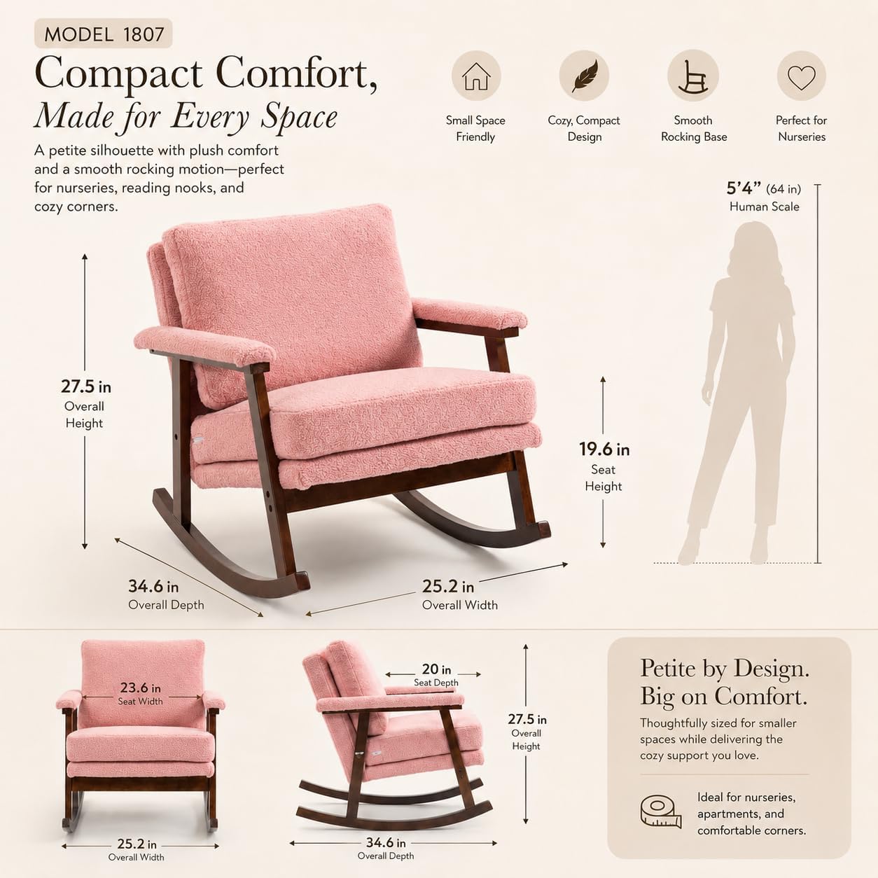 Nursery Rocking Chair, Compact Upholstered Rocker with Solid Wood Legs, Cozy Nursing Glider Chair for Mom, Small Space Chair for Nursery, Bedroom (Teddy Pink)
