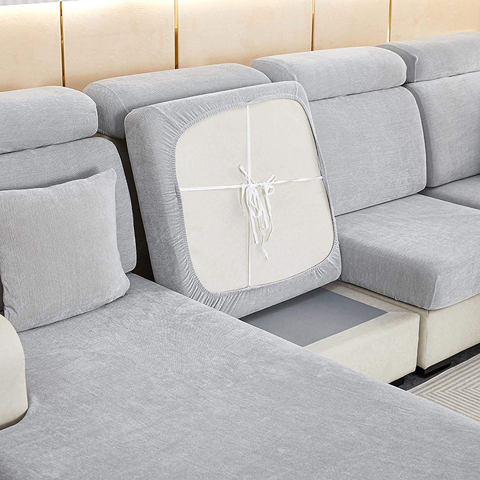 GEBIN Sofa Cushion Covers, High Stretch Chenille Sofa Seat Slipcovers, Couch Cushion Cover Replacement Fitted Washable Sofa Cushion Covers Furniture Protector Cover (Light gray,Large 4-seater)