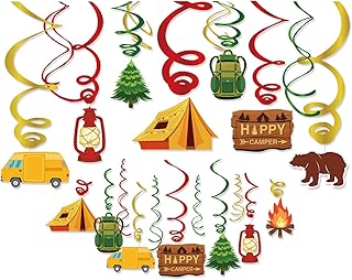 30 Pieces Camping Birthday Party Hanging Decorations, Happer Camper Hanging Swirls Decorations Foil Ceiling Streams Camping Theme Adventure Woodland Wile One Baby Shower Retirement Party Supplies