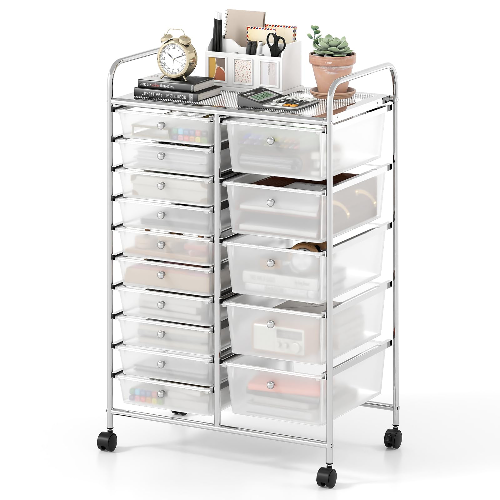 TANGZON 15 Drawers Storage Cart, Multipurpose Mobile Organizer with Lockable Wheels, Utility Rolling Trolley for Home Office Stationery Beauty & Salon (Clear, 62x39x96cm)