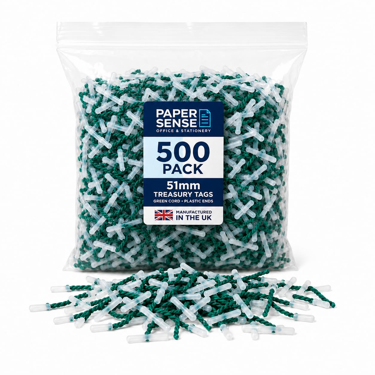 Lot de 500 étiquettes de trésorerie de 51 mm – Fabriquées au Royaume-Uni, cordon vert, extrémités en plastique