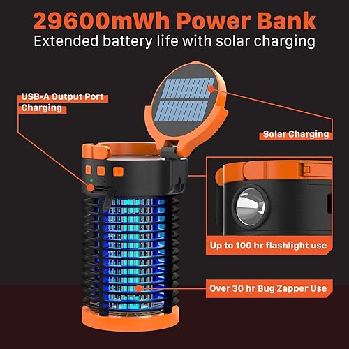 Miniatura 4 de FosPower Exterminador de insectos para exteriores e interiores (5 en 1) 3300 V con banco de energía de 29600 mWh, carga USB recargable, carga solar,