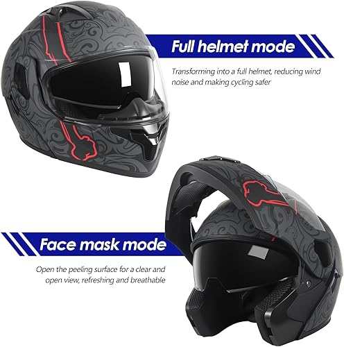 Miniatura 2 de Casco de motocicleta modular de cara completa con visor abatible doble y visera dual, aprobado por DOT para hombres y mujeres, carcasa ligera de ABS