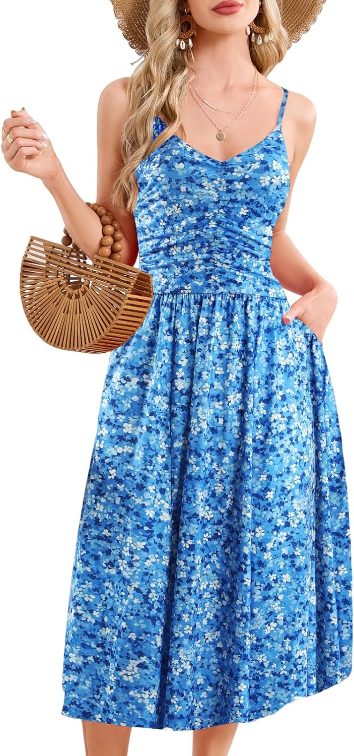 Women Floral Maxi Dress Boho Maxi Spaghetti with Pockets Bow Tie Backless Summer Casual Beach Vacation Sundresses - Image 4
