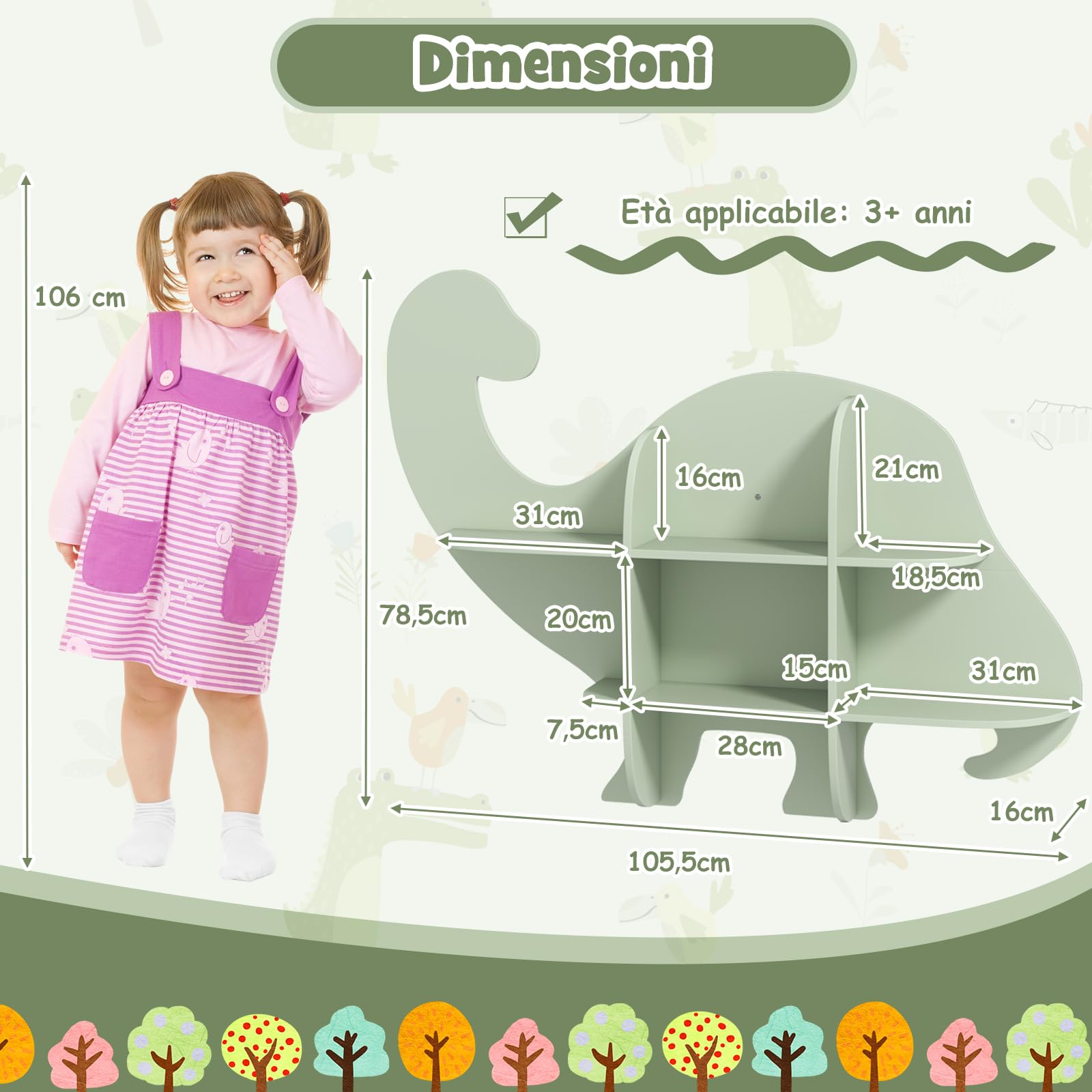 COSTWAY Libreria da Parete per Bambini a Forma di Dinosauro, Mensola a 2 Ripiani in Legno da Appendere, Scaffale da Parete per Camera dei Bambini Camera da Gioco Asilo, 105,5x16x78,5 cm
