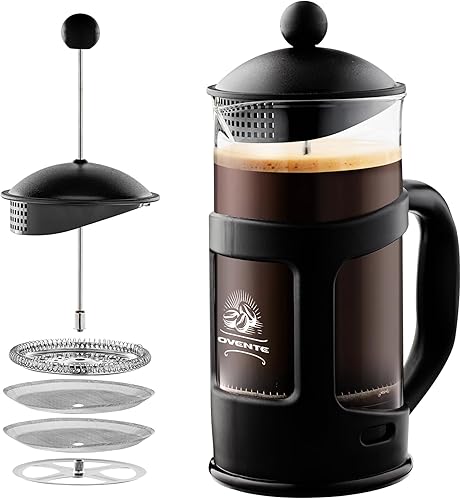 Ovente Café té y café expreso vidrio de borosilicato resistente al calor con sistema de acero inoxidable de 4 filtros jarra portátil sin BPA