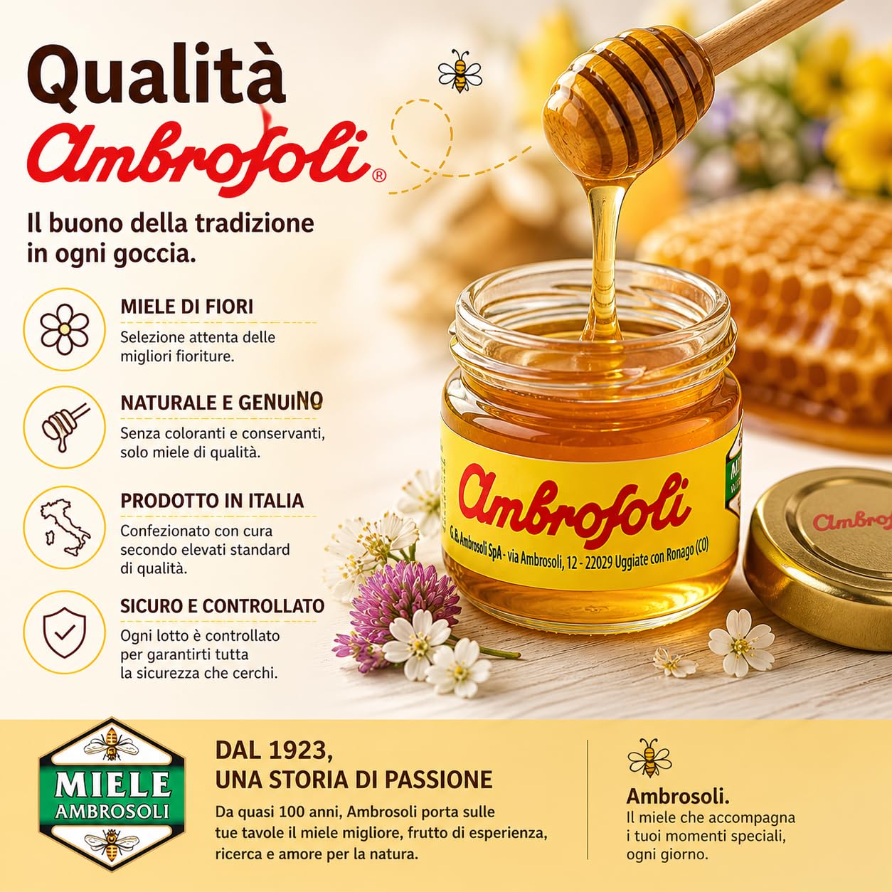 Ambrosoli 48 Porzioni Miele di Fiori 28g, Miele Monodose Pratico per Casa, Ufficio e Colazione