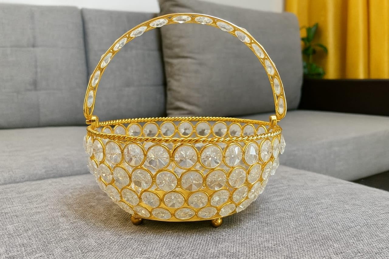 URBAN LOOP DECOR® Gold Coated Plated Crystal Studd Flower Basket, Elegant Design Modern Fruit Basket, Pooja Metal Basket with Handle 6 Inch