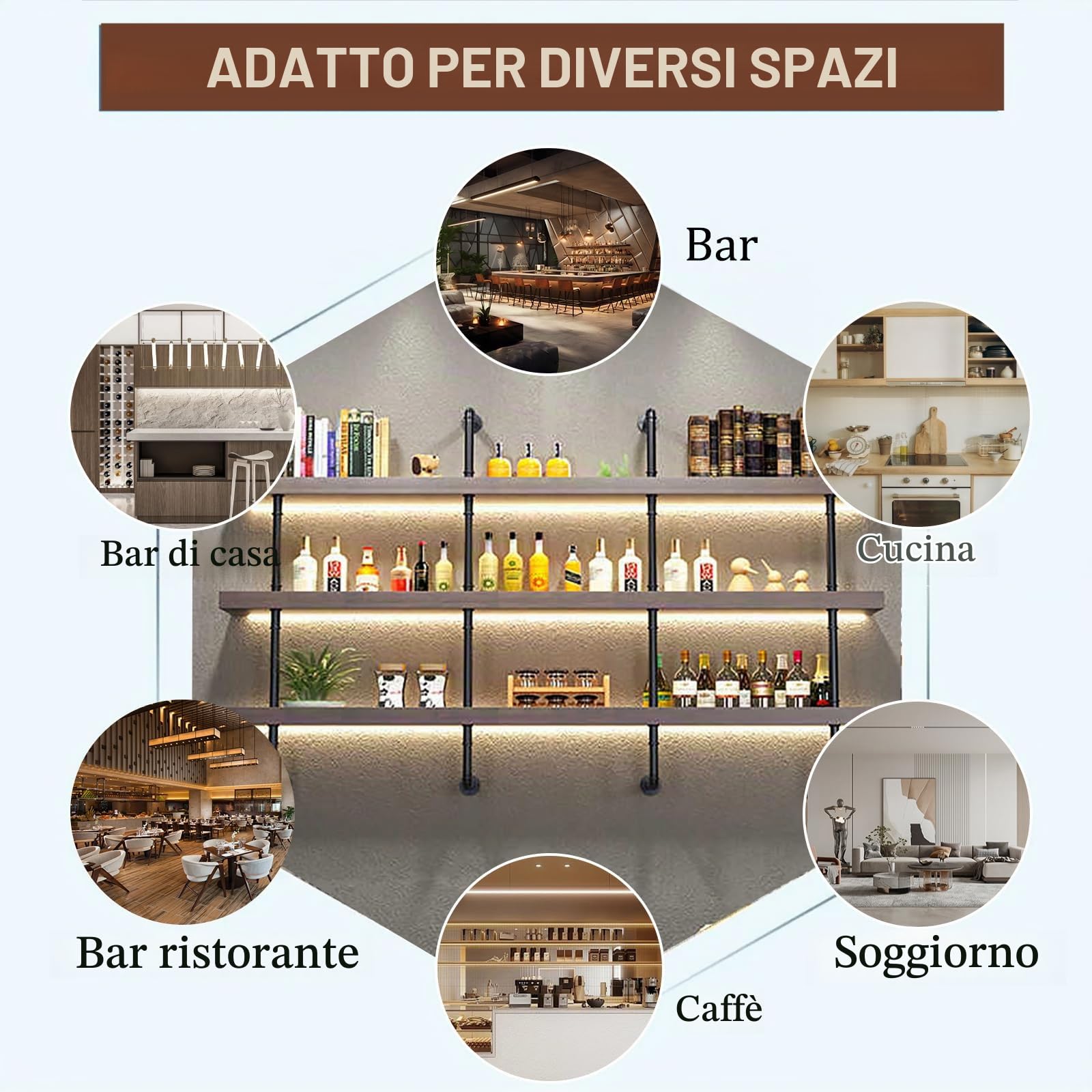 Portabottiglie da Parete in legno Massello, Grande Espositore per Bottiglie di Vino in Industriale Vetrinetta da Bar Con Luce LED,Scaffale Galleggiante Per Cucina, Bar, Caffetteria (80cm)