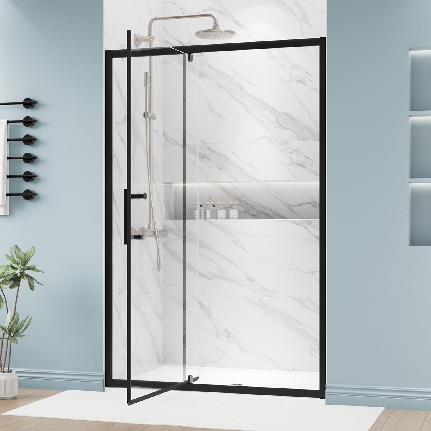 DELAVIN 38-42.in W x 72.in Semi-Frameless Pivot Shower Door, Adjustable Swing Glass Shower Door, Water Repellent Shower Door, Shower Glass Door with SGCC Tempered Glass, Explosion-Proof Film, Black