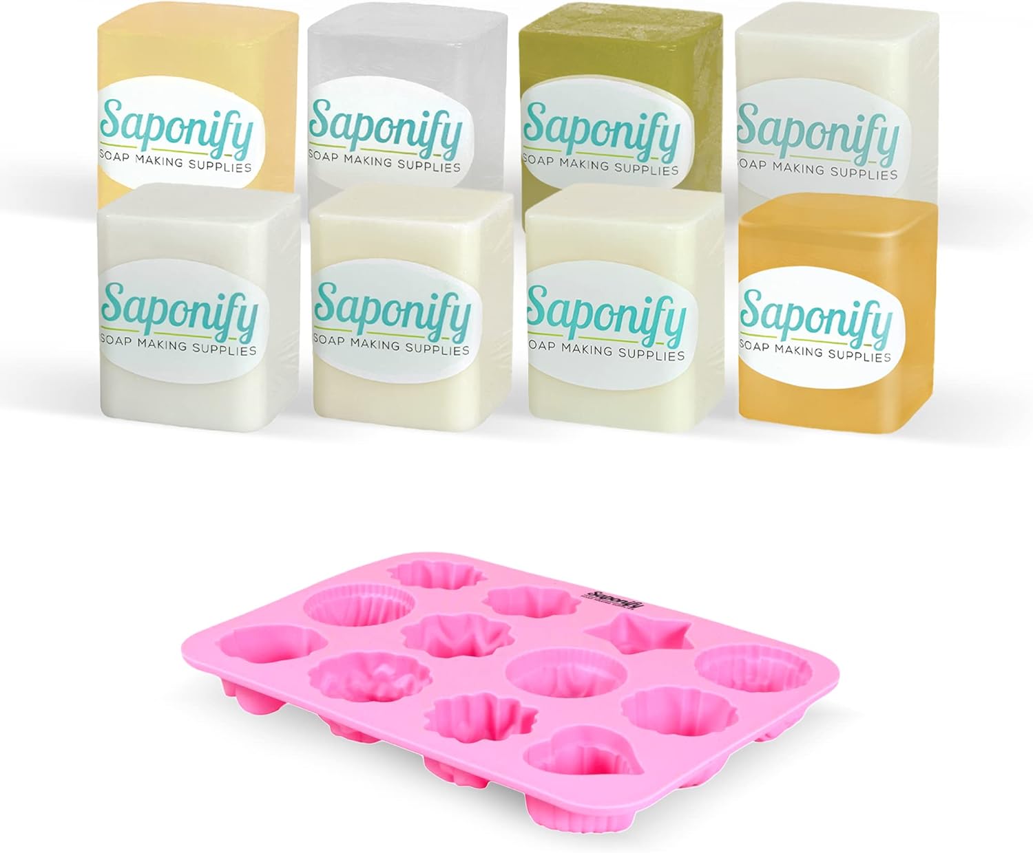 Saponify - Melt and Pour Soap Base Sampler Kit, Silicone Mold, Honey, Clear, Hempseed Oil, White, Cocoa Butter, Mango Butter, Goats Milk and Argan Oil, 1Lb Each, Variety Pack 2