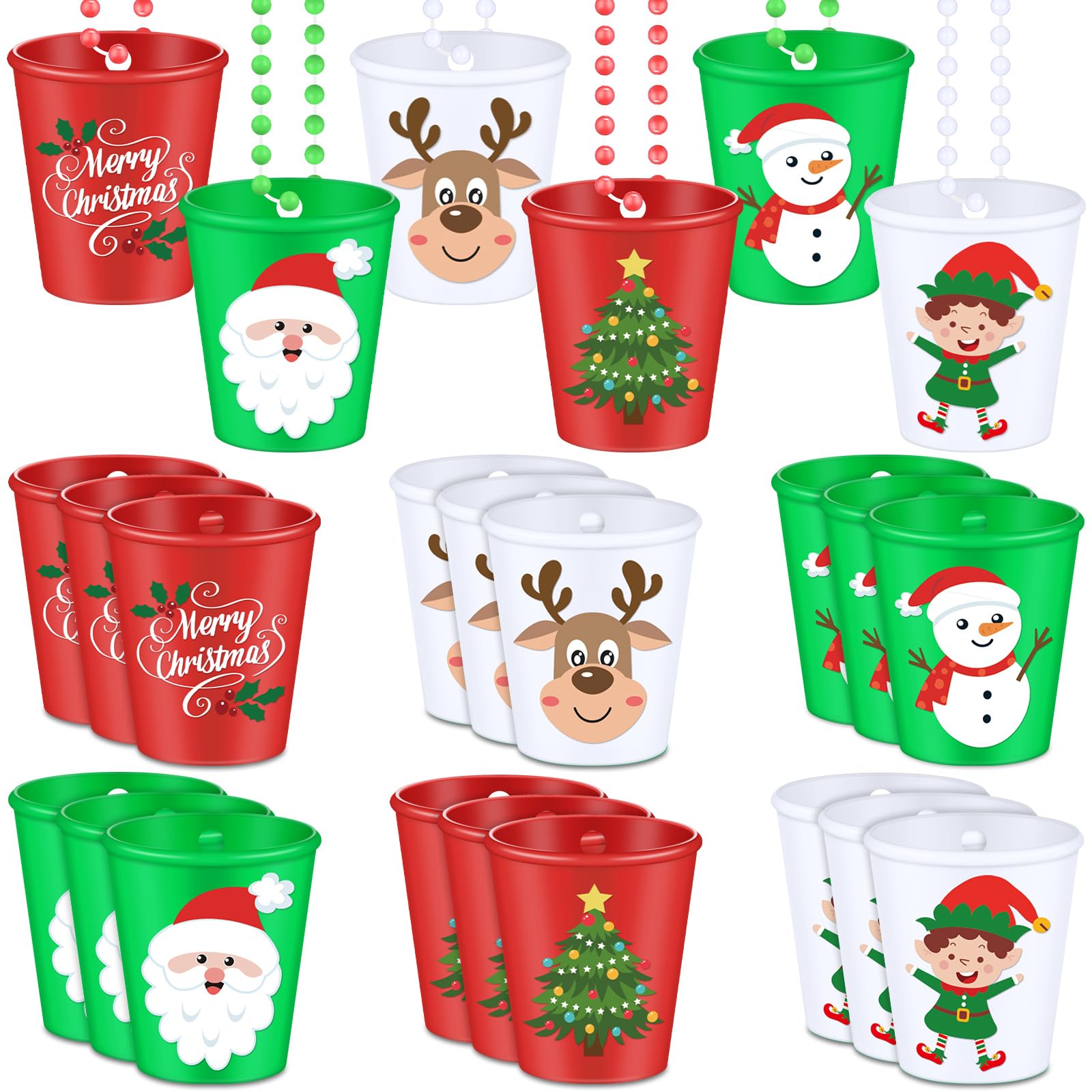 Tigeen 24 Christmas Shot Glass Necklaces Christmas Plastic Shot Cup Necklace Xmas Shot Glass on Beaded Necklace Santa Snowman Elk Shot Glass Necklace for Christmas Holiday Birthday Party Favors (Cute)